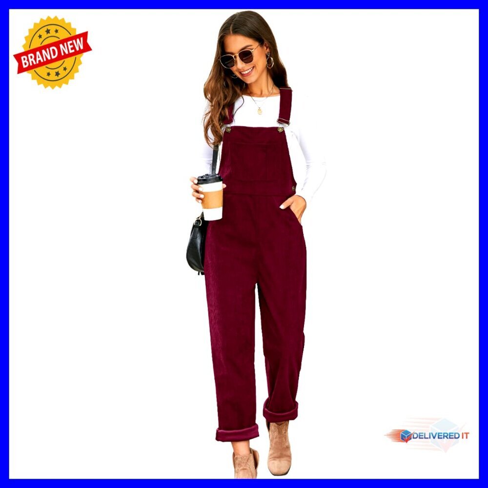Corduroy Overalls Women Loose Fit Adjustable Straps Wide Leg Jumpsuit Pockets